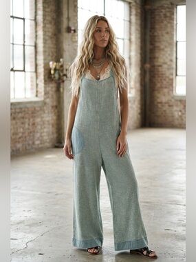 NWT Washed Blue Grey Gauze Textured Open Back Pocket Jumper Jumpsuit Overalls